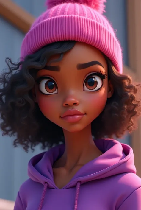 Black woman, honey brown skin. brown hair. Pink beanie on head . Frowning. purple clothing. Animated. Ultra high quality.
