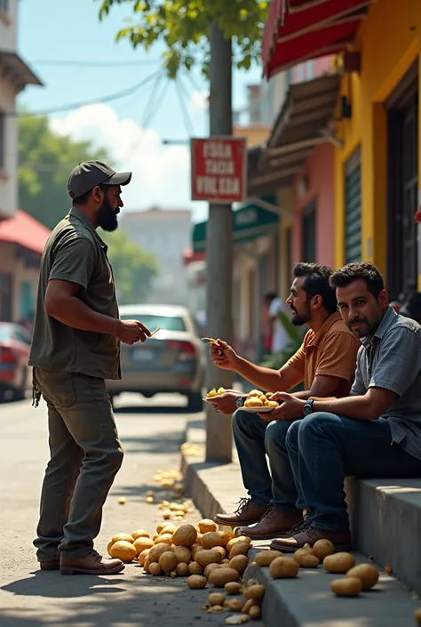 Lucho Diaz in Colombia eating potatoes on a corner with James and Richard Rios and a beggar asking for money
