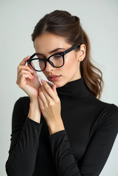 elegant woman, with her hair up, holding glasses in her hands while she is blowing the clear lenses of those elegant black framed glasses, studio photography, stock photography, with a white studio background.