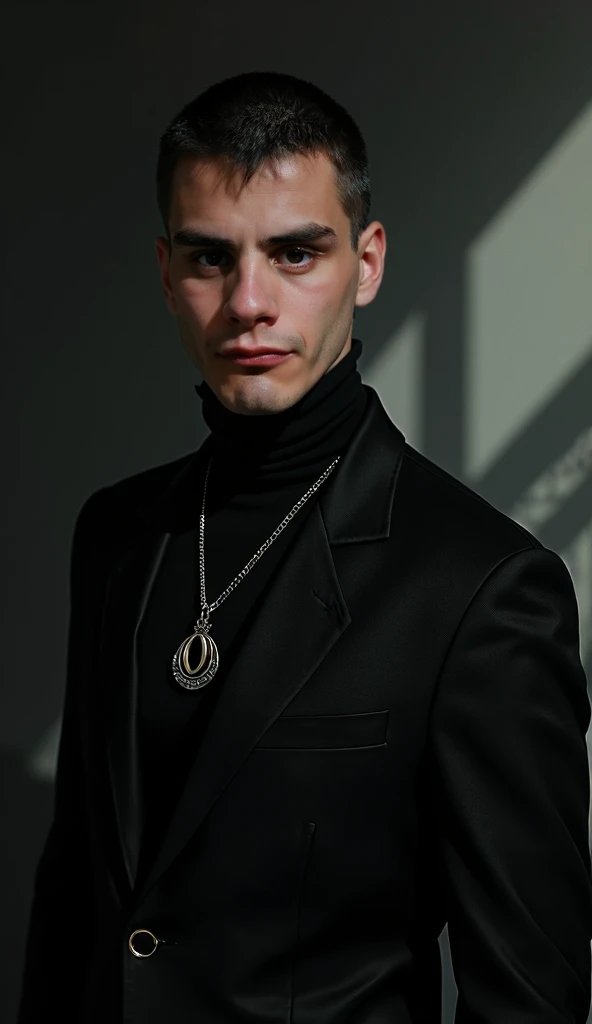 Create an image of Rafael in black clothes, Necklace and Pendant, penetrating and enigmatic look, face slightly raised, short military men&#39;s hair and well combined, true-to-life portrayal, photo realist, rich in detail, dark scenery, shadowed, a room i...