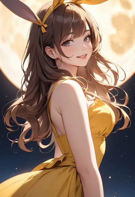 (masterpiece:1.5),(Beat quality),(high res),1girl solo,beautiful face,smile,upper body,Bunny ears yellow dress costume woman,Full moon night