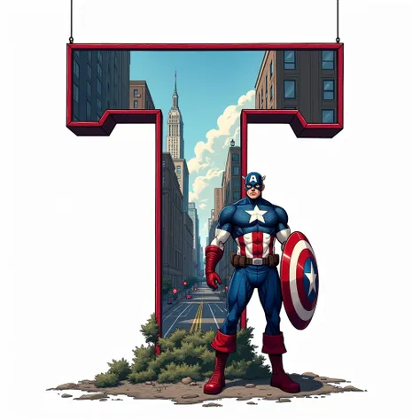 create the letter "T" with a New York landscape inside, il y a Marvel Captain America à côté de la lettre "T". add a white background. clipart