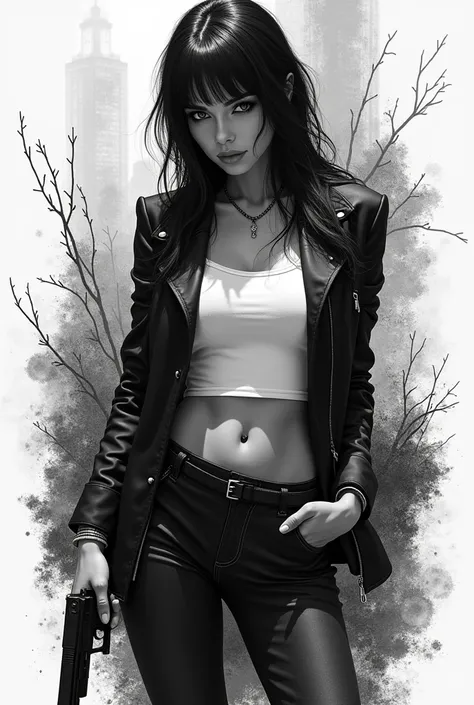 A captivating black and white illustration showcasing an alluring woman holding a sleek gun. Her outfit, a mix of urban decay and seamless minimalism, blends with the rough textures of the environment. The abstract-inspired composition features an intricat...