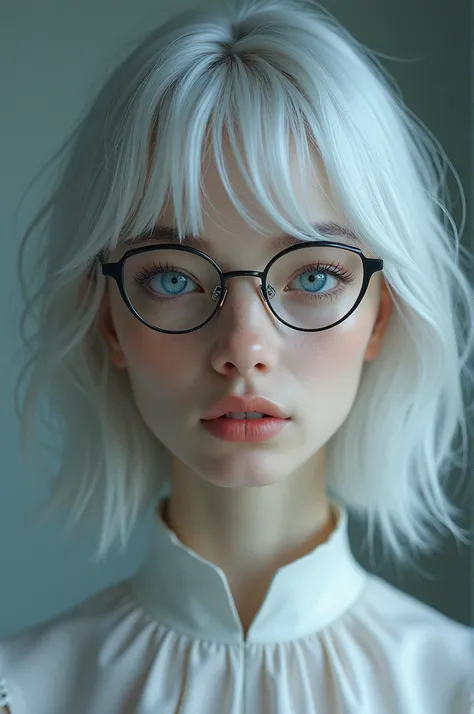 Young woman with medium-short white hair, blue eyes and gojo-style glasses