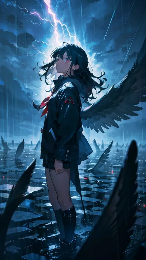 fly in the sky,rain,night,thunder,Black wings,Female 1,Long black hair,in the sky