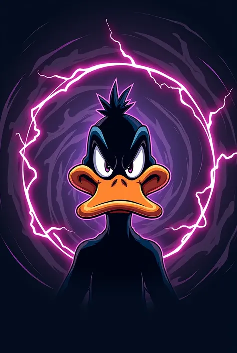 intimidating purple and black round soccer team logo of daffy duck cursed with lightning bolts