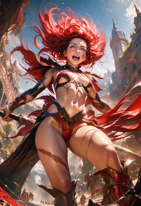 Long messy red hair, glasses, scar on cheek, wearing revealing clothes, holding a big sword, intense gaze, wide open mouth laughing, fantasy scene, digital painting, dark fantasy, vibrant colors, cinematic composition from low angle, (best quality, 8k, hig...