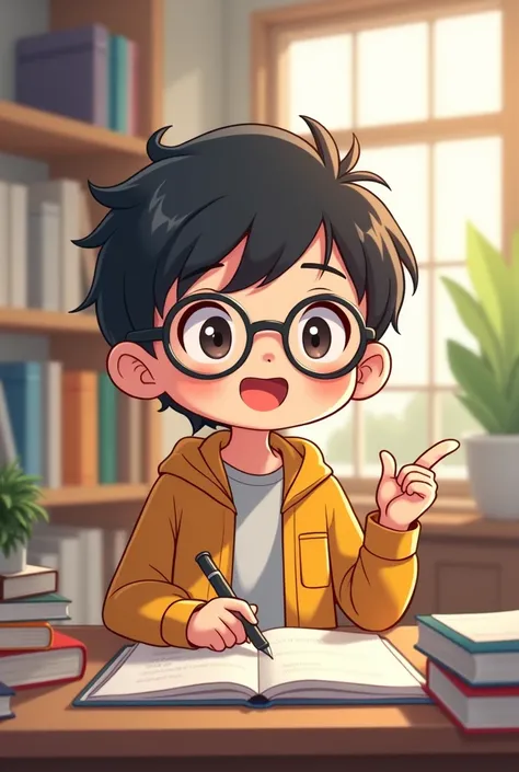 Please help me draw a chibi character, wearing glasses, short hair, smiling, and likes to study IT. The male character is teaching.