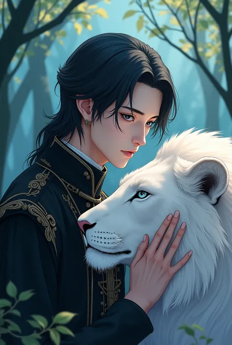 Wearing medieval noble clothing, Sebastian Michaelis, anime handsome man, Beautiful male god of death, anime guy with gray eyes, handsome male vampire, By Yuumei, Kim Soo Hyun, Lee Soo-hyuk, Model, Put your hand on the white lion&#39;s head, sadness, Mysti...