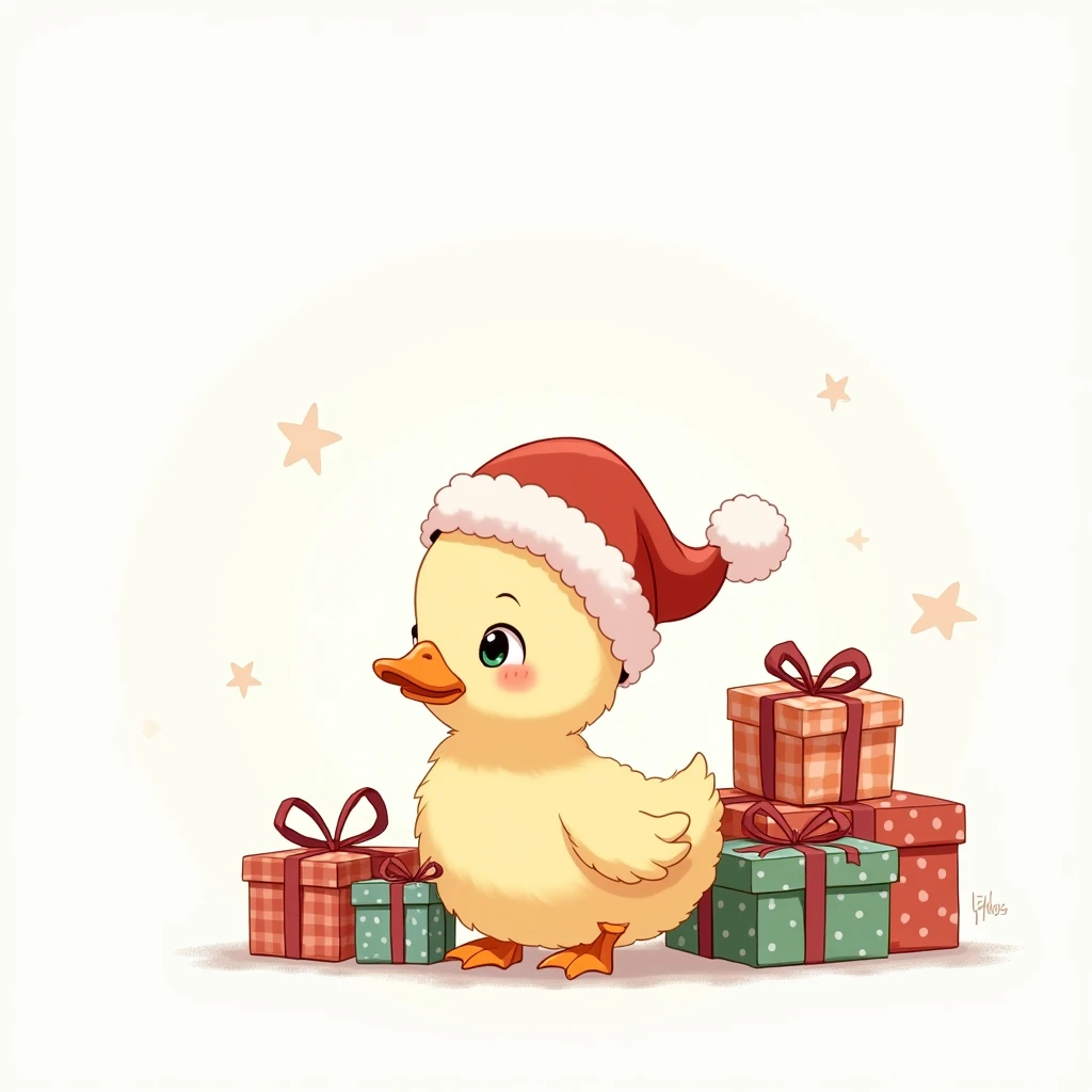 a cute duck wears santa hat , gifts, (masterpiece), on white background Best Quality, High Resolution, Minimalism, Soft Colors, line draw