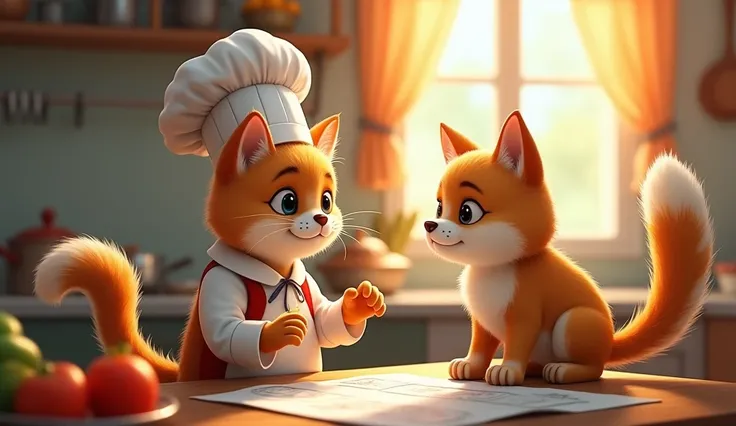 Cat elegantly sits on the table, explaining his role as a chef, while the dog stood up excitedly and agreed to be a servant. They had a small argument about the menu that would be served., but finally agreed to work together