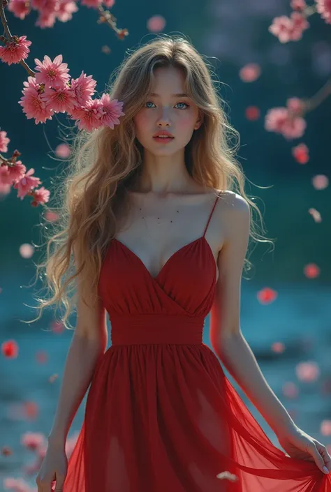 a beautiful young woman with bright blue eyes, golden hair, slightly parted lips, tears in her eyes, full body view, at night, blue background, many cherry blossoms, melancholic, mystical, fantasy, light, red dress, (best quality,4k,8k,highres,masterpiece:...