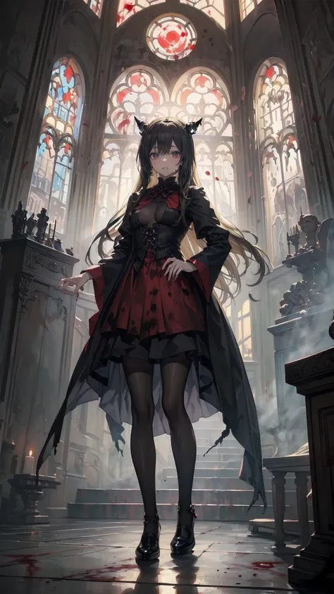 (Highest quality,4K,High resolution,masterpiece:1.2),Very detailed,Realistic:1.37,,(whole body, I can see your feet and shoes: 1.2),、(,Spooky altar background,Dark fantasy,Red color scheme,Ominous atmosphere,Eye-catching,Storytelling,anatomy,Anime Style,Co...