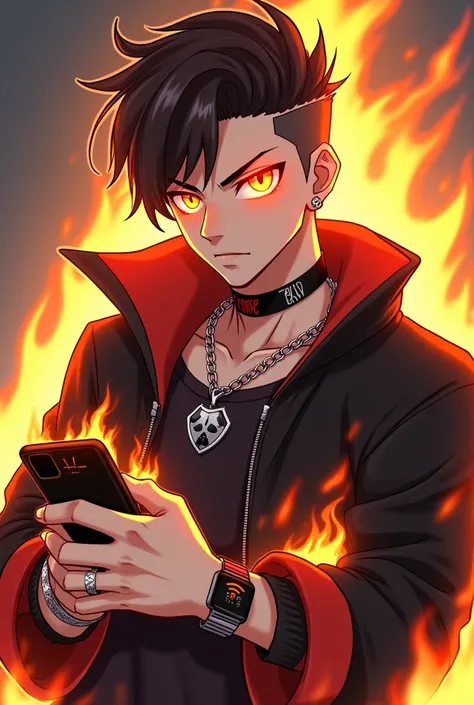 Gamer boy named evil fire, his haircut is a side part pompadour, his face is masculine with light brown eyes with flames around them and in his hands with flames and a gamer cell phone, He is a stylish boy so he wears a black jacket with a chain and a pend...