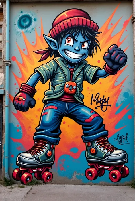 Graffiti escrito B-Boy Murfy decorado con patines 