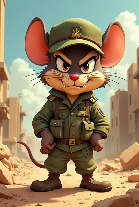 Cartoon mouse Speedy Gonzalez angry soldier with tactical hat in Iraq