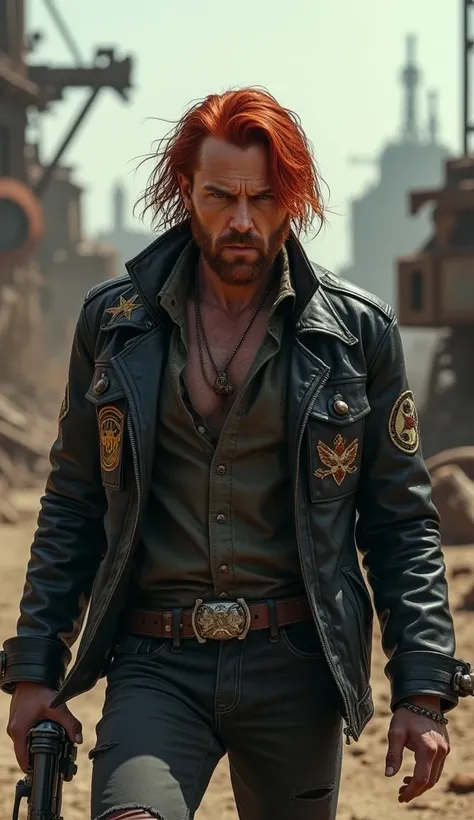 a rugged outlaw with fiery red hair, wearing a black leather jacket and patches, in a retro-futuristic post-apocalyptic wasteland environment, 50 years old, highly detailed, cinematic lighting, dark and gritty, dynamic pose, photorealistic, 8k