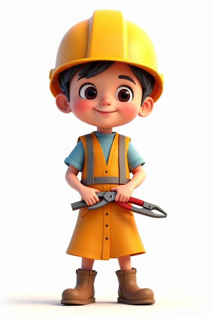 Create a 3D style drawing, with animated illustration appearance, of a child dressed as a construction foreman. The must be portrayed full-length from the front, standing out with a yellow safety helmet, slickedback hair, a reflective vest, long work skirt...