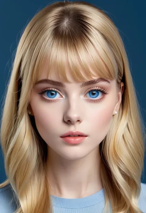 Realism, UHD, masterpiece, accurate, anatomically correct, 16k, best quality, (college age), a girl, (blonde) long straight hair, (inspired) bangs, pale skin, (clear skin), upturned big eyes, (sparkling blue eyes), ultra detailed face, (straight) thin eyeb...