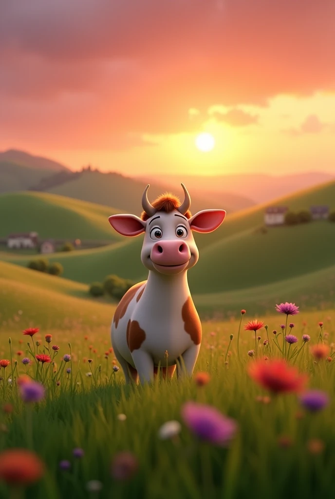 Pixar style image of a field with a beautiful sunset and a cow in the background 