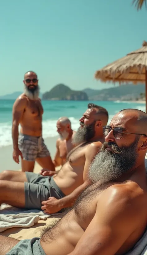 Mature and middle-aged men with long beards and shaved heads spending summer time on the beach　They&#39;re Turkish, gay and have a lot of chest hair.