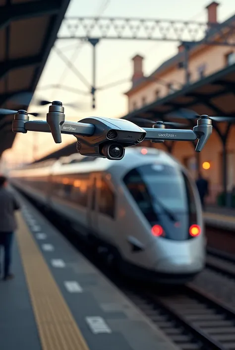 Dessine un Drone portant la mention AEROTHAU  qui survole un Tgv au depart de Strasbourg .