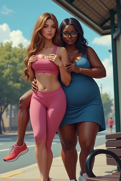 Create an image of a woman with long light brown hair, wearing pink gym clothes, with white, fair skin and a beautiful, slender body, being carried on a horse by an elderly black lady, obese, dark black skinned, did, lowrise, who has glasses and wears a bl...