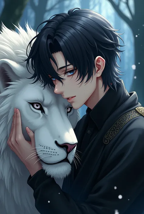 Wearing medieval noble clothing, Sebastian Michaelis, anime handsome man, Beautiful male god of death, anime guy with gray eyes, handsome male vampire, By Yuumei, Kim Soo Hyun, Lee Soo-hyuk, Model, Put your hand on the white lion&#39;s head, sadness, Mysti...