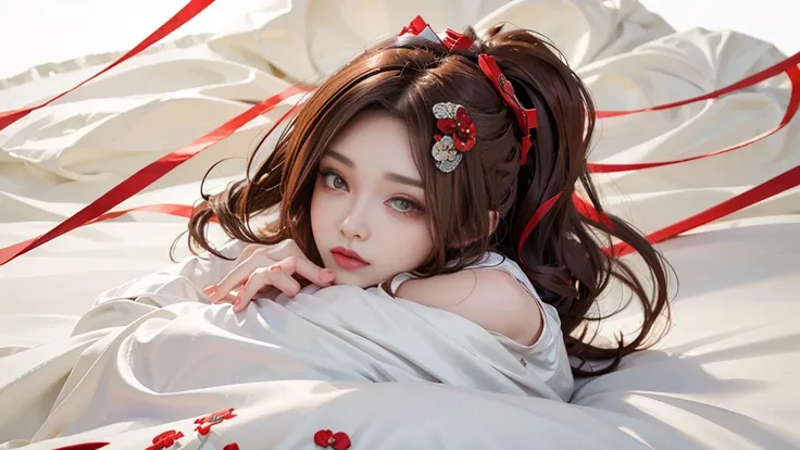 （Modify hair only、Face）Reddish-brown hair，Long curly hair，high ponytail，red headdress，red eyes，red eye，red pupils，Delicate and detailed eyes，sparkling eyes，Automatic Rifle