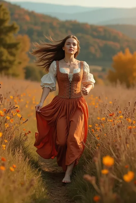 Young woman, in a Renaissance dress runs across the field, autumn, Istria , antique style, epoch, beauty, прорисовка деталей epoch возрождения,  deep photo. gloss effect, гипперреализм🍁🍂🌺🪻🌸