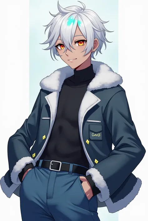 Um personagem masculino de anime, at the age of 18 years, with short hair and white coloring and cyan blue spots. A light brown skin, with red iris eyes and yellow diamond-shaped pupils. His clothing consists of a fur-lined coat and loose-fitting jeans.