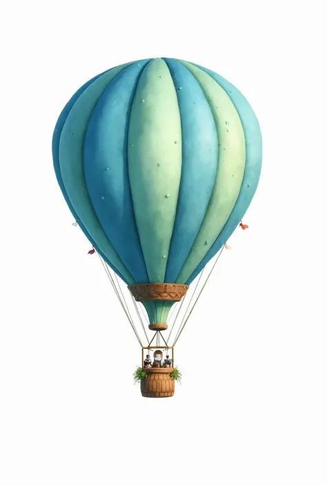 create flying balloon in blue colors, green and brown in watercolor painting with white background for invitation 