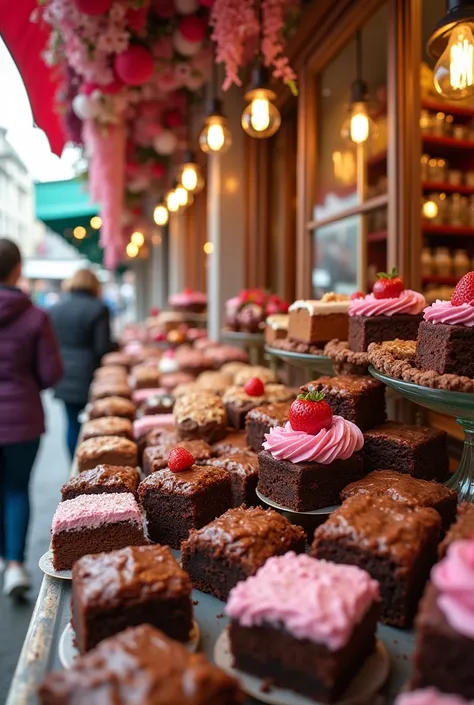 a candy store with lots of brownies); the brownies are displayed on display in a window; people in the store; assorted browniesDutch angle, high resolution, precise, High details, 