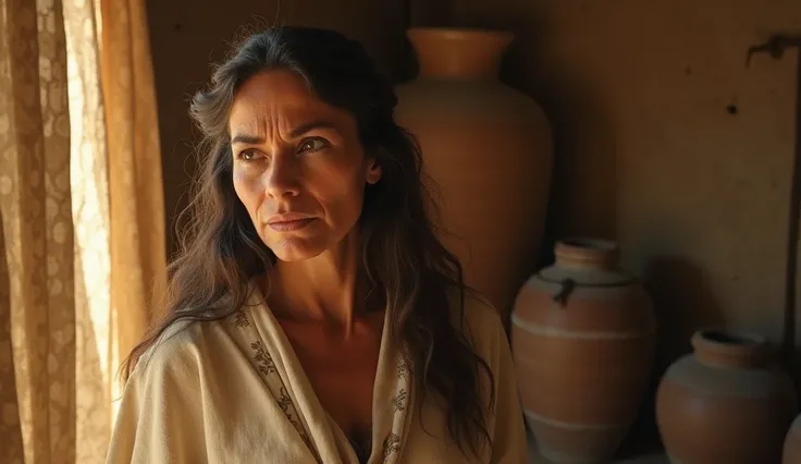 "A realistic scene set in the Middle East, during biblical times, In the Period of the Patriarchs. Rebeca is in an intimate environment, hidden behind a cloth or curtain that separates the living room from the rest of the house. She is a 60 year old woman,...