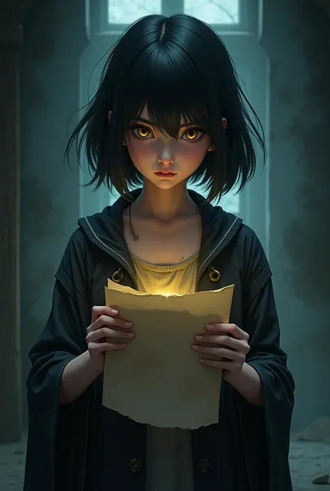 A teenage girl with short black hair, yellow  eyes. While holding a sheet of paper, she looks like a witch
