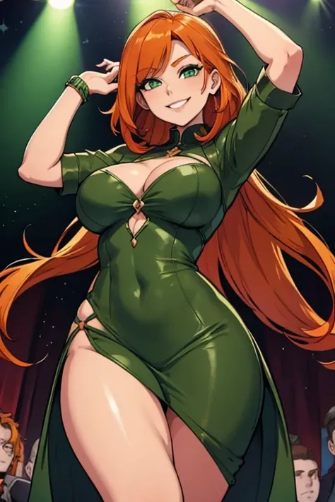 An orange haired woman with green eyes with an hourglass figure in a leather dress is dancing on a stage with a big smile