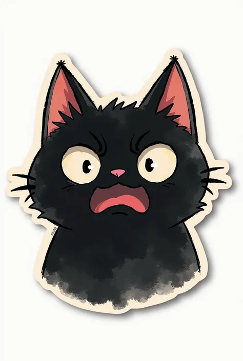 sticker no shadow , japanese minimal, on White background , Black ink lines with soft watercolor accents. Border trim around 30px, (high resolution) , no noise pixel ,((masterpiece)), parody design The Bell Witch cat , fear eyes cat, vintage ,8K Octane, 