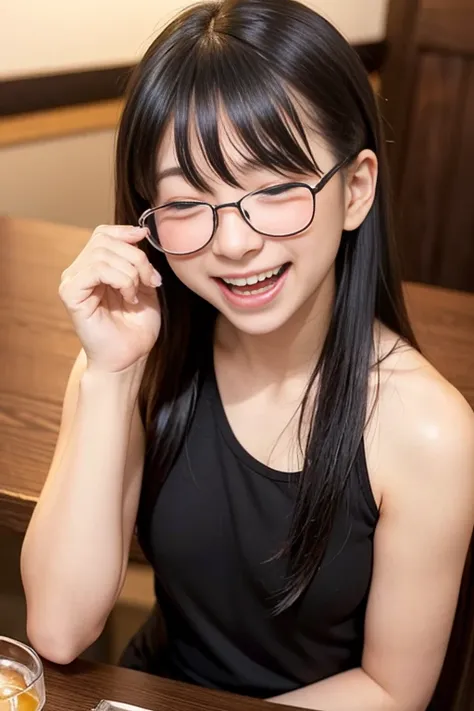 Beauty,Japanese,Age 25,(Close ~ eyes:1.2),163cm,solid physique,Black tank top,White blouse, see-through, thin,Shoulder Bare,Reddish black hair,Long Hair,Glasses,One Woman, Izakaya,Sit across from you,(flat chest),Small breasts,Holding a beer mug,(Drunk:1.5...