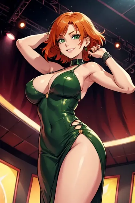 An orange haired woman with green eyes with an hourglass figure in a leather dress is leaning forward on a stage with a big smile