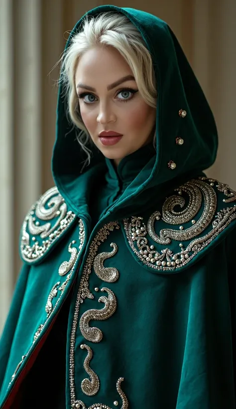 Image, woman, platinum blonde hair, wearing an elegant and sophisticated cloak of a knightly troop called the “Pearl Serpents”. The coat should have a deep base color, such as emerald green or navy blue. On the edges, include pearl or silver details to hig...