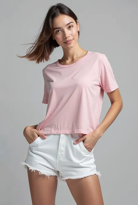 arafed young woman in a Rosa top and white Sports e shorts posing for a picture, Rosa camiseta, with ripped crop t - camiseta, Rosa clothes, light Rosa, Rosa, camiseta largas, mangas curtas, pastel Rosa, camisa, t - camisa, t-camisa, Roupa casual, corte su...