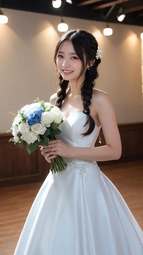 With a girl、No background、No background、Through the background、Black brown hair、Aimee、blue eyes、Braids、bouquet、Floral、bouquetを持って、Wedding Dresses、bride、brideの登場、White Prom Dress、Floral、Laughter、cute、