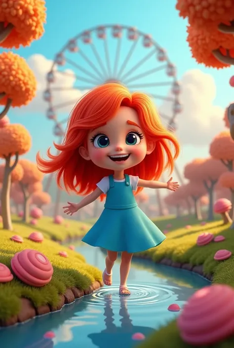 red hair girl, blue dress, happy in wonderland park , in the background chocolate river, ice cream ferris wheel ,Toca Boca style hot dog trees 