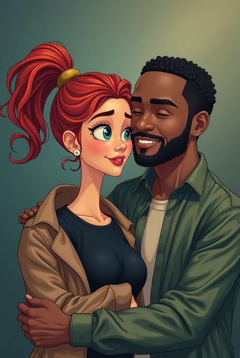 An illustration of an adorable couple, A dark-skinned man and a woman with red hair and slanted eyes, They are both smiling and facing the camera., Show your connection. Develop this art in Full HD, Focus on your cinematic flair, Estilo Disney Pixar Animat...