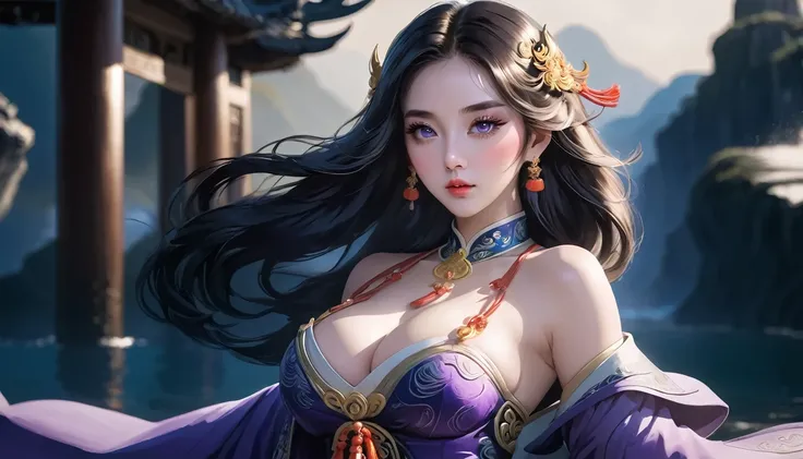 high quality,HD,16K,Sharp Line,1 Girl,fantasy, （Ice and Fire Goddess）,Pretty Face, Large Breasts, Beautiful legs,In the water,Focus Girl,detailed Pretty Face,Detailed clothes,beautiful eyes,Cool,Sexy,Dynamic Angle,穿着华服的神明Strike a pose拍照, Ancient mysterious...