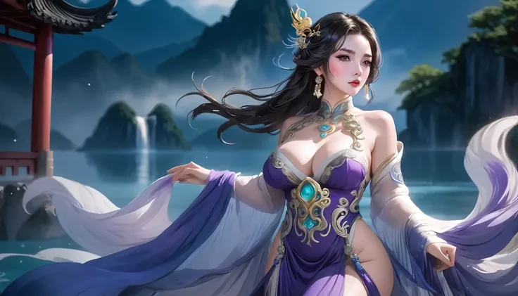 high quality,HD,16K,Sharp Line,1 Girl,fantasy, （Ice and Fire Goddess）,Pretty Face, Large Breasts, Beautiful legs,In the water,Focus Girl,detailed Pretty Face,Detailed clothes,beautiful eyes,Cool,Sexy,Dynamic Angle,穿着华服的神明Strike a pose拍照, Ancient mysterious...