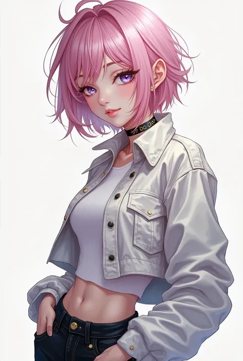 (masterpiece, best quality), intricate details, thin, ((slim)), beautiful girl, Light pink hair, white skin, light purple eyes, sharp jawline, cropped jacket, messy hair, lips, upper body, smirk, cool outfits , full body