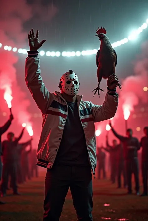 Jason Voorhees in white jacket with black and red stripes on the chest, thanking the heavens and holding a dead rooster in his hand upside down, light stadium behind, fans with red flares, raining night 