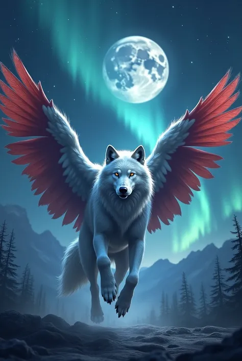 Beau loup blanc avec des ailes de couleur rouge bleu noir avec un fond de nuit avec pleine lune et des aurores boréale