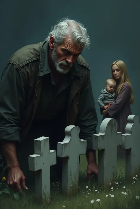 A sad and crying adult male in front of 5 graves and a blonde Swedish girl with her baby in the back


